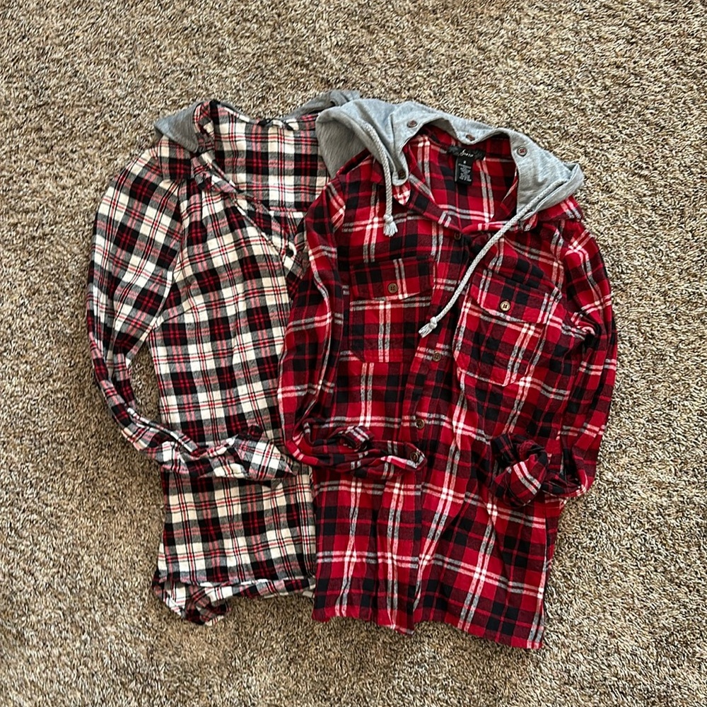 2 Plaid Button Up Shirts - Women Size M - Removable Hood